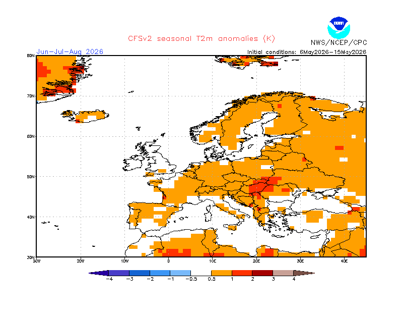 A previsão do modelo CFSv2 também mostra um Verão tórrido na Europa