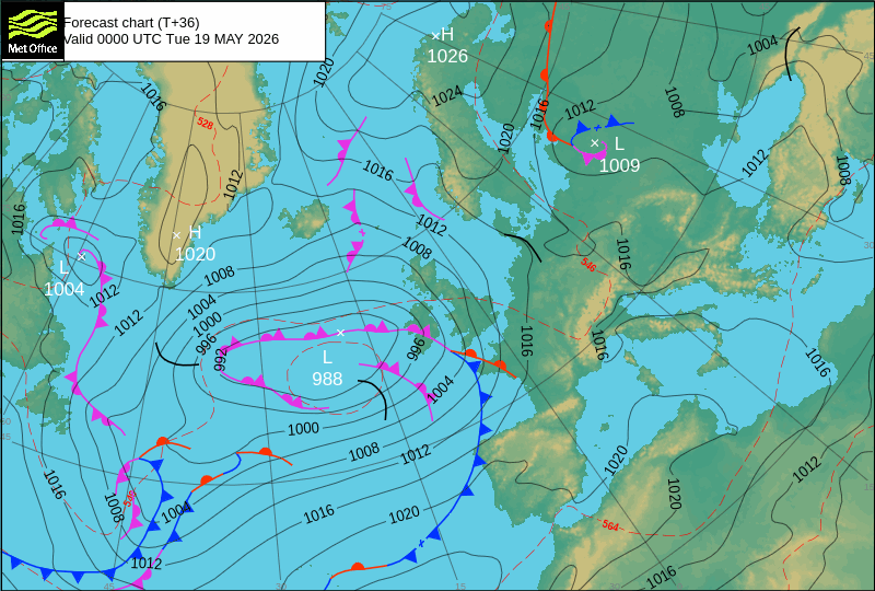 Chuva prevista nesta terça em algumas regiões, devido a uma frente fria visível na carta da MetOffice