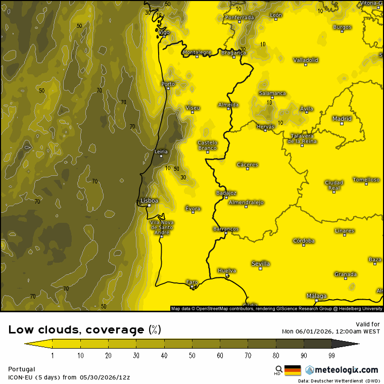 Evolução da nebulosidade baixa ao longo desta segunda-feira