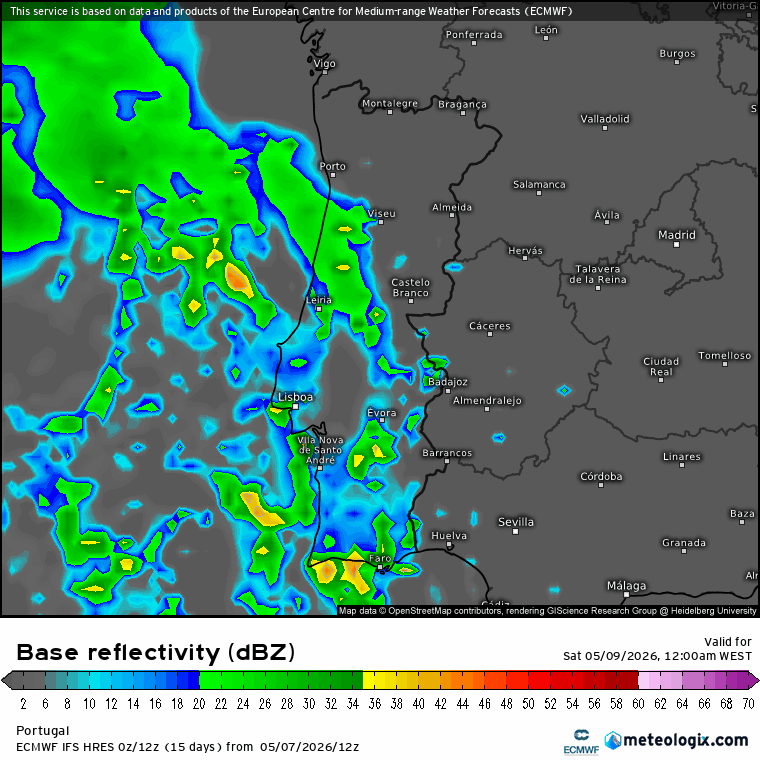 Chuva e fortes trovoadas - tempo no fim-de-semana 9-10 de Maio instável, por ação de uma depressão - saiba a previsão para a sua região! Evolução da refletividade em radar no fim-de-semana - ECMWF