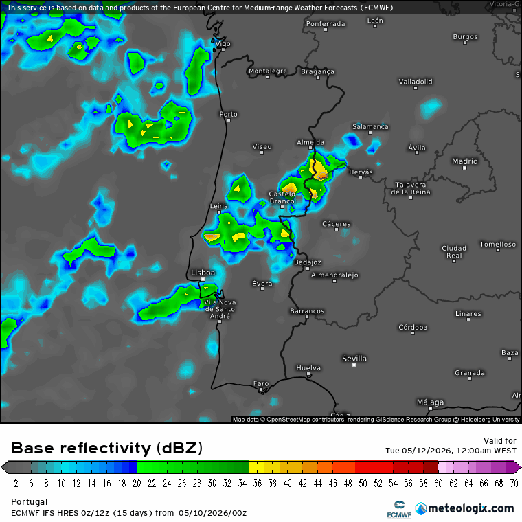 Evolução prevista da refletividade em radar para esta terça-feira (amarelo\laranja = aguaceiros mais intensos)