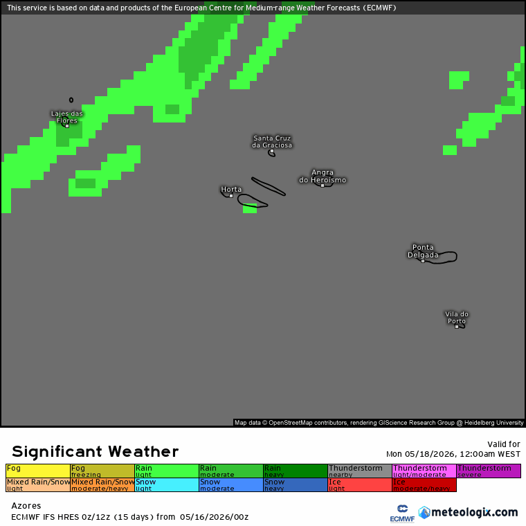 A nebulosidade continua, com a aproximação de mais uma superfície frontal, e o calor tem de esperar - saiba como será o tempo na segunda, 18 de maio Evolução da precipitação nos Açores nesta segunda-feira, segundo previsão ECMWF