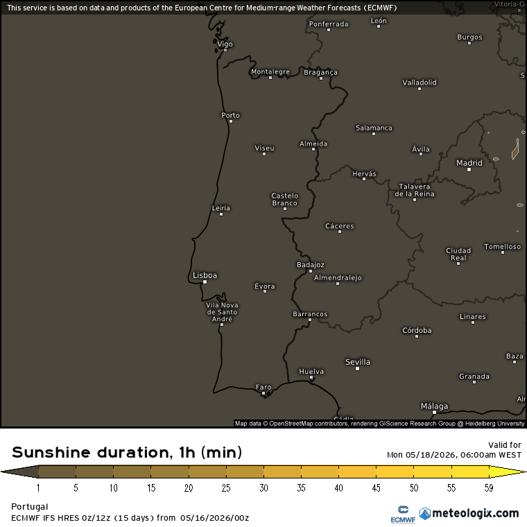 A nebulosidade continua, com a aproximação de mais uma superfície frontal, e o calor tem de esperar - saiba como será o tempo na segunda, 18 de maio Evolução do número de horas de sol - nuvens matinais, e abertas ao longo do dia (sol tímido)