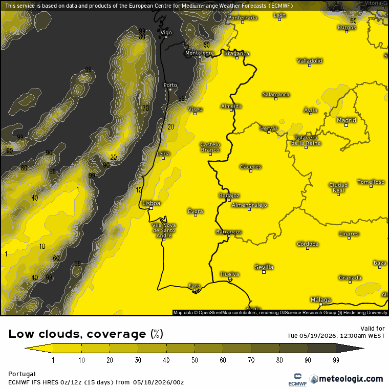 Evolução da nebulosidade baixa ao longo do dia - no litoral e mais a Norte será um dia bastante cinzento