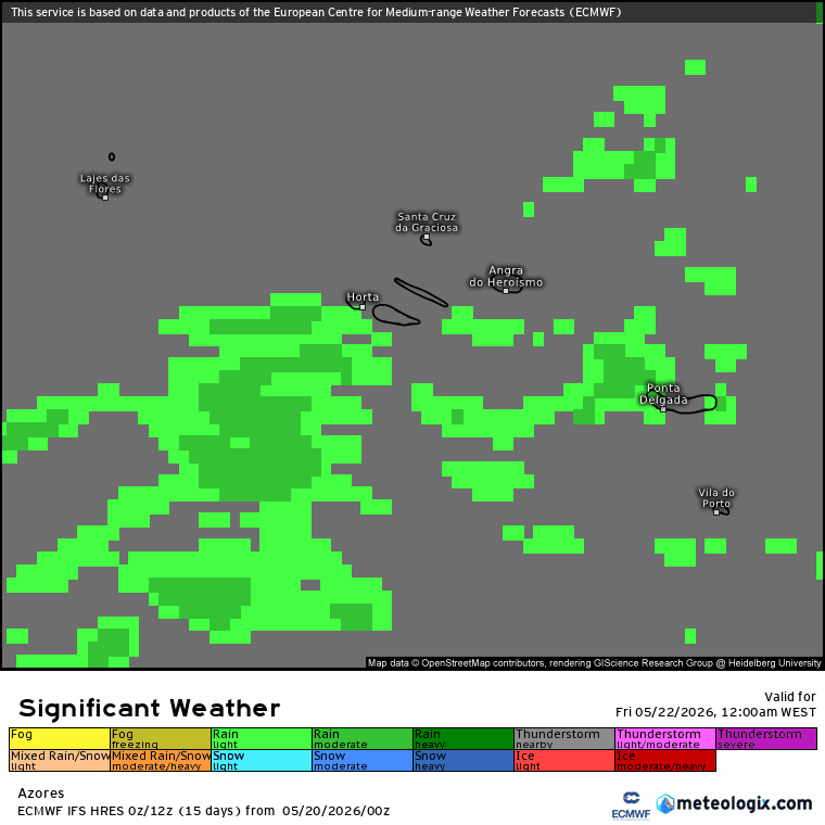 Temperaturas até 40ºC, muitas poeiras, e a ameaça das trovoadas - saiba a previsão do tempo na sexta, 22 de maio de 2026 Evolução da chuva nos Açores nesta sexta-feira - previsão do ECMWF