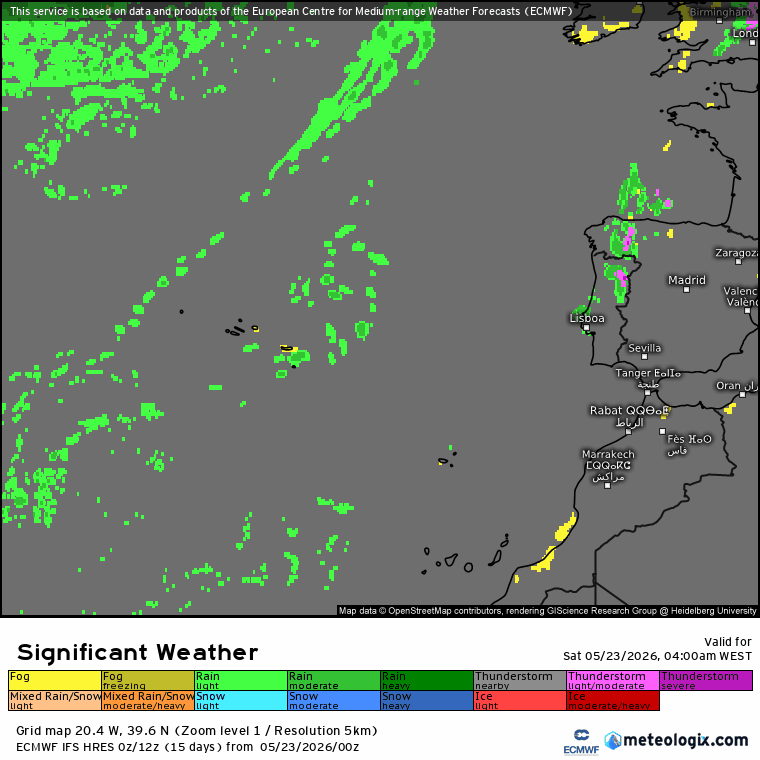 Evolução da precipitação neste fim-de-semana, previsões ECMWF (trovoadas a roxo)