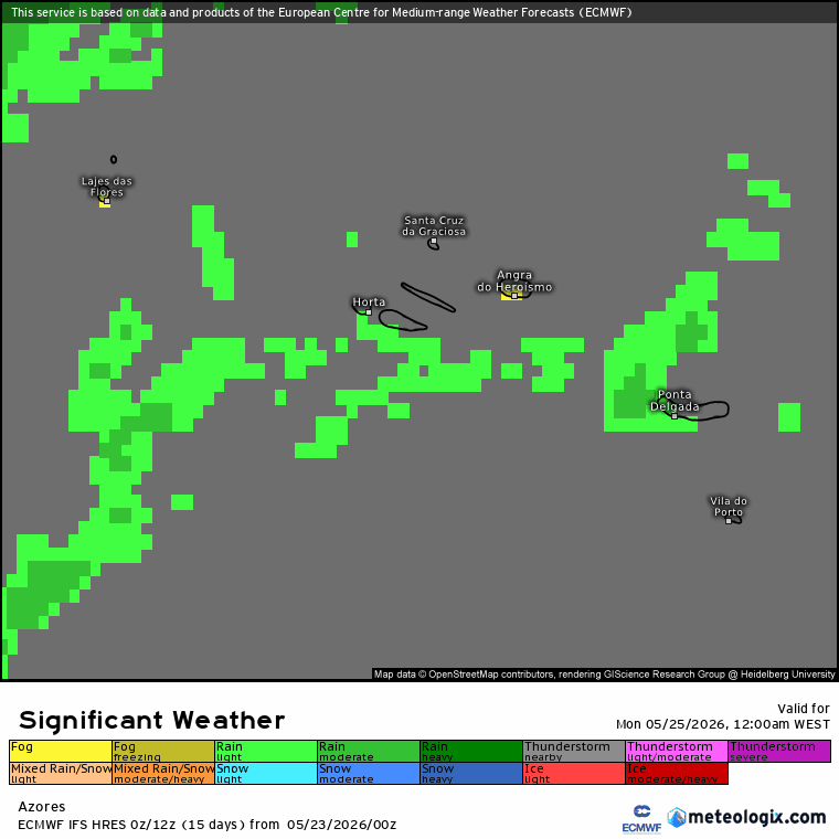 Nevoeiros, alguma instabilidade, mas com nova subida das temperaturas - tanto do ar como do mar - saiba a previsão do tempo na segunda, 25 de maio de 2026 Chuva mais persistente nas Ilhas Ocidentais do arquipélago