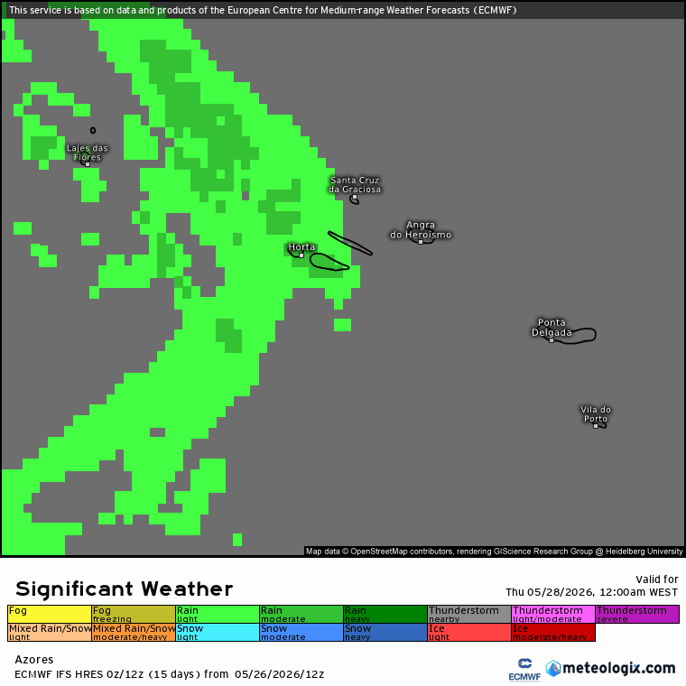 Previsão de evolução da chuva nos Açores nesta quinta-feira, segundo o modelo Europeu