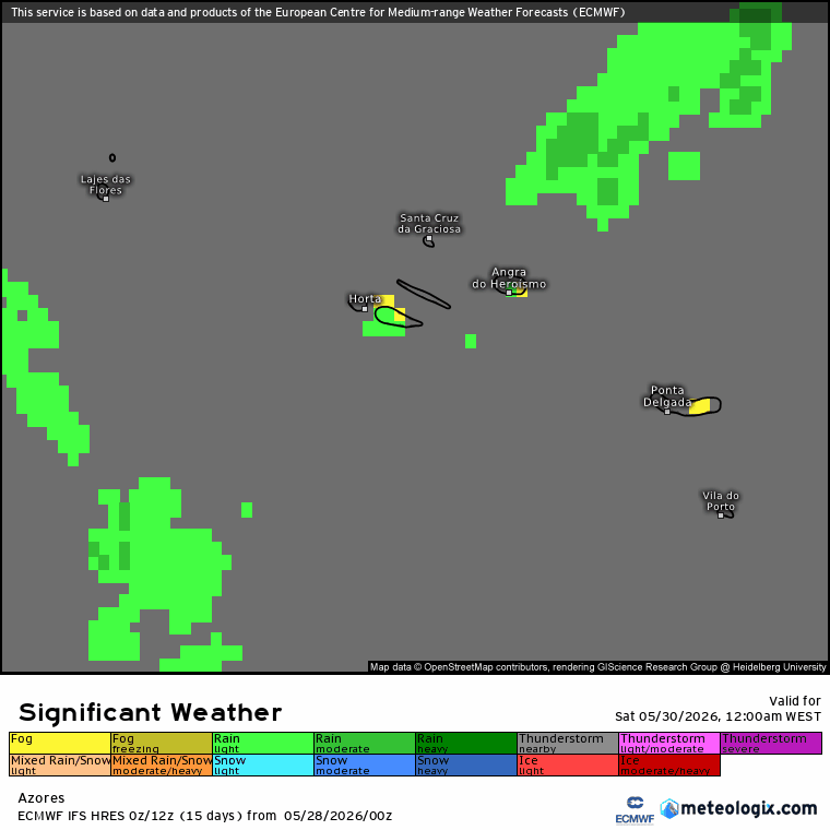 Tempo húmido nos Açores - chuvisco (a verde) e nevoeiro (amarelo) nas previsões ECMWF