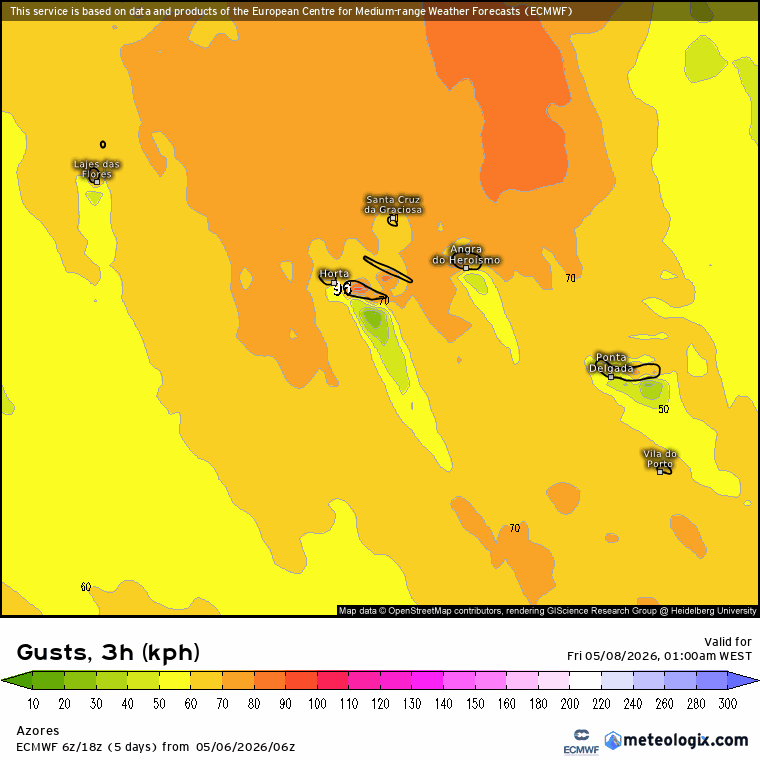 Perturbação do jato polar provoca mudança brusca do estado do tempo na sexta, 8 de maio de 2026 - saiba a previsão! Previsão de rajadas máximas durante o dia no arquipélago (ECMWF)