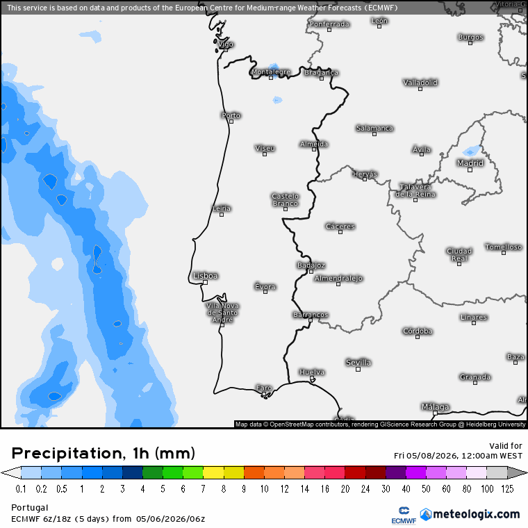 Perturbação do jato polar provoca mudança brusca do estado do tempo na sexta, 8 de maio de 2026 - saiba a previsão! Evolução da precipitação prevista em Portugal Continental - 8 de maio