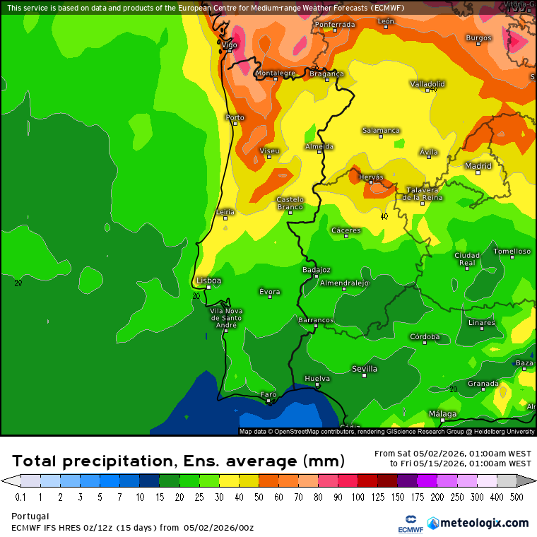Fenómeno de bloqueio atmosférico dará lugar a crista Atlântica - humidade e frio? O que este regime atmosférico significa para Portugal? A média de ensemble ECMWF mostra muita precipitação para a época na primeira quinzena de Maio