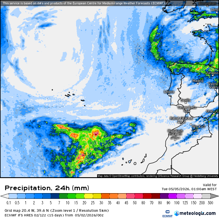 Chuva total acumulada nesta segunda-feira - previsão ECMWF
