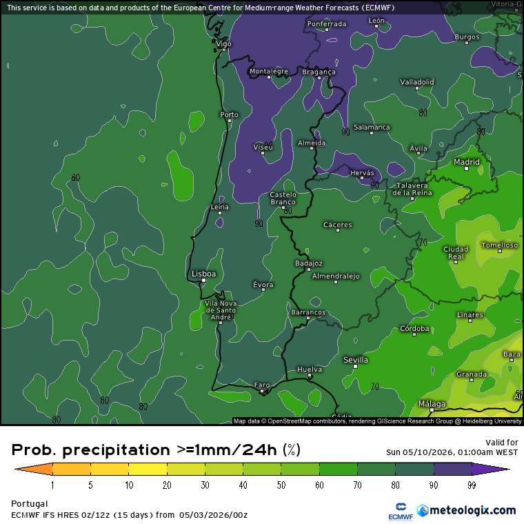 Para sábado, 9 de maio, a probabilidade de precipitação ronda os 100% segundo as previsões ECMWF-EPS