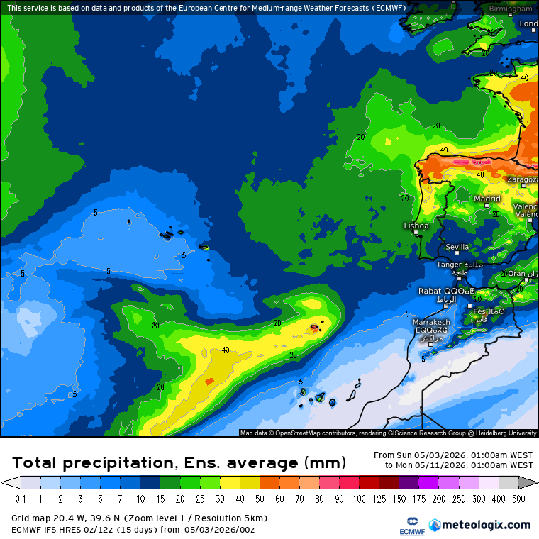 Precipitação total prevista - 4 a 10 de maio - média do ensemble EPS-ECMWF