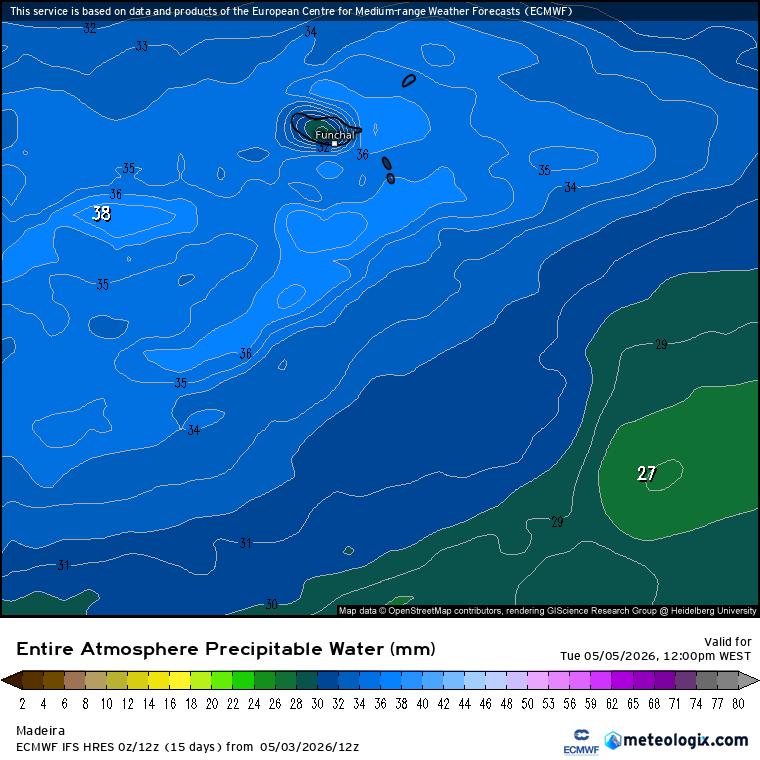 Muita água precipitável na Madeira, aumentando o risco de inundações localizadas