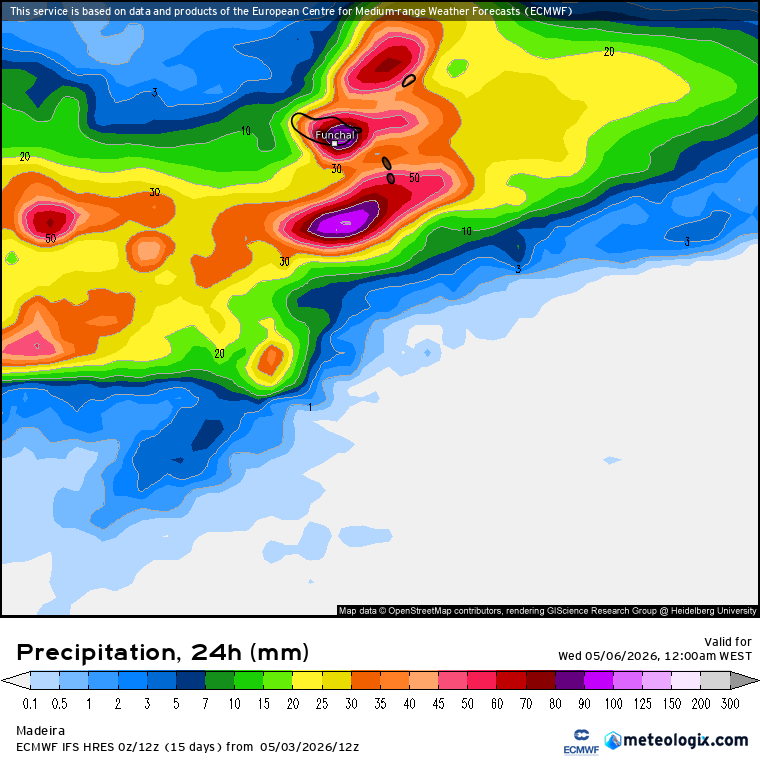 Precipitação total na Madeira para esta terça- previsão ECMWF
