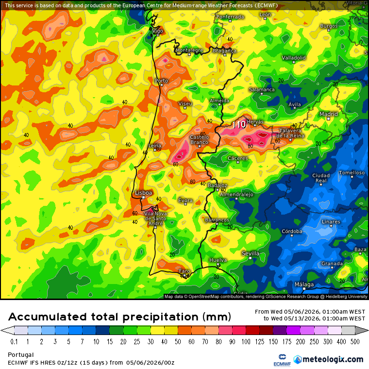 Depressão Atlântica provoca várias frentes frias e vários dias de chuva (e não vem sozinha!). Ar polar frio depois? Neve em Maio? Saiba as últimas previsões! Total de precipitação previsto até ao final do dia 12 de Maio (ECMWF) - efeitos de uma depressão Atlântica