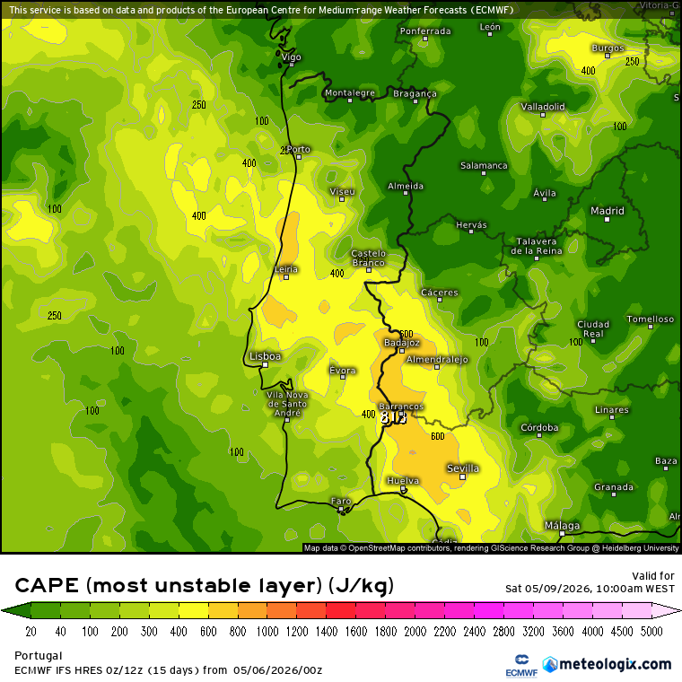 Depressão Atlântica provoca várias frentes frias e vários dias de chuva (e não vem sozinha!). Ar polar frio depois? Neve em Maio? Saiba as últimas previsões! Valores de CAPE > 800J\Kg previstos para sábado