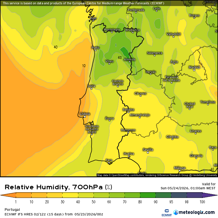 Elevada humidade em altitude no Norte e Centro, propiciando o risco de desenvolvimento de mau tempo