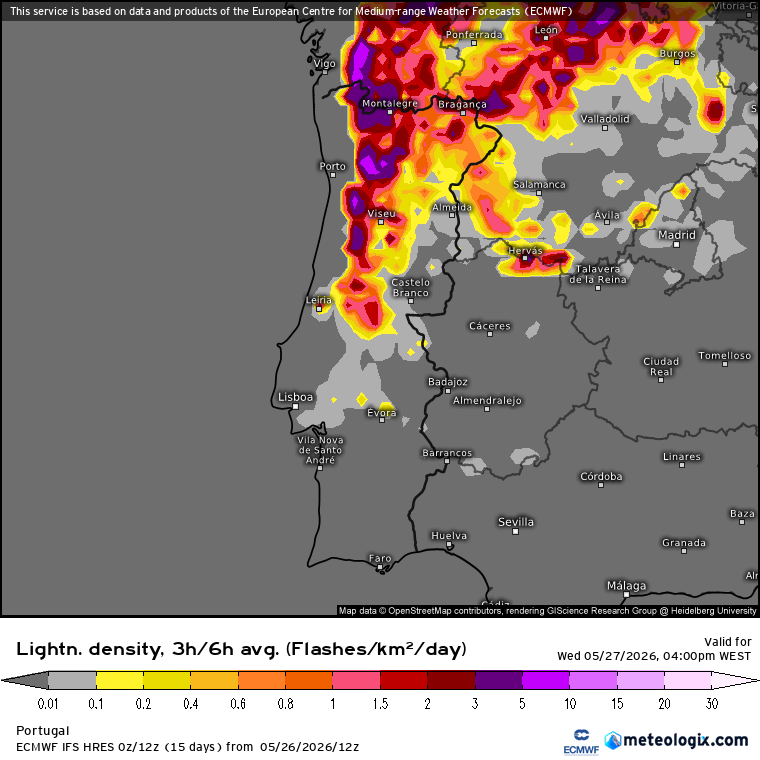 Trovoadas previstas pelo modelo ECMWF para esta quarta-feira - trovoadas secas?
