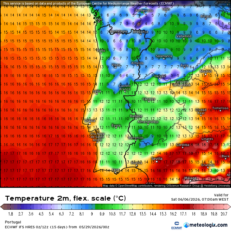 Junho pode trazer mudança brusca do tempo, com o jato polar a intensificar, e depressões mais próximas - chuva e tempo fresco? Temperaturas mínimas previstas para dia 6 de junho - ECMWF