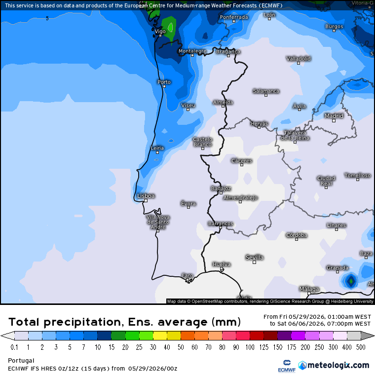 Junho pode trazer mudança brusca do tempo, com o jato polar a intensificar, e depressões mais próximas - chuva e tempo fresco? Chuva prevista pelo modelo Europeu ECMWF-EPS até 6 de junho