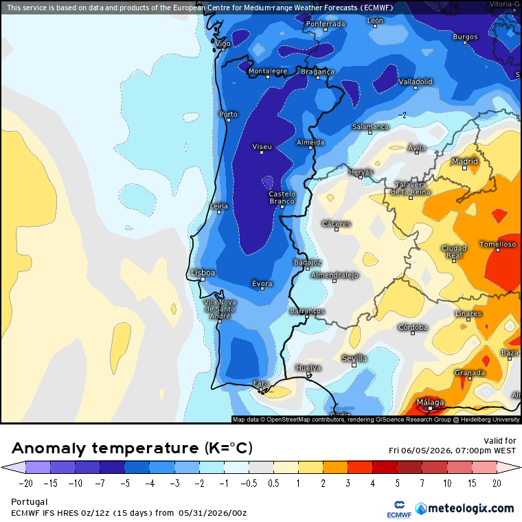 Anomalia de temperatura - 4 a 7ºC abaixo da média, em especial a Norte (sábado, 6 de junho, ECMWF)