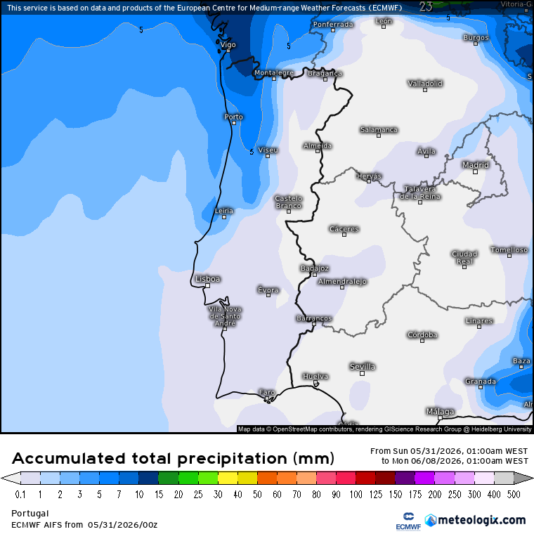 Segundo o AIFS a chuva surge apenas no Norte e Centro, especialmente no litoral, e em pouca quantidade...