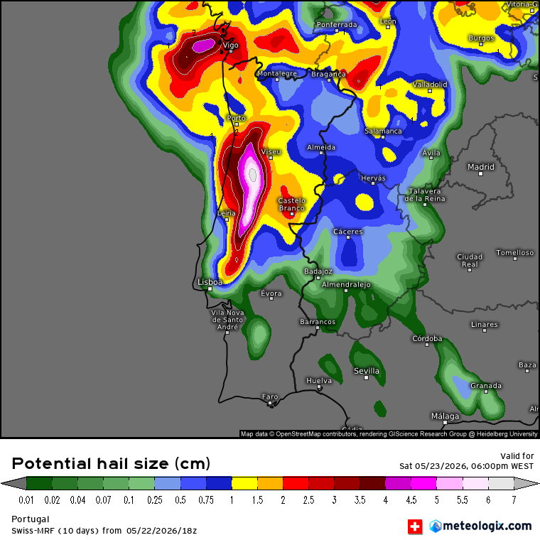 As previsões mostram granizo de grande dimensão provável em alguns locais do Norte e Centro (5cm+), como demonstrado pelo modelo MRF da Meteologix
