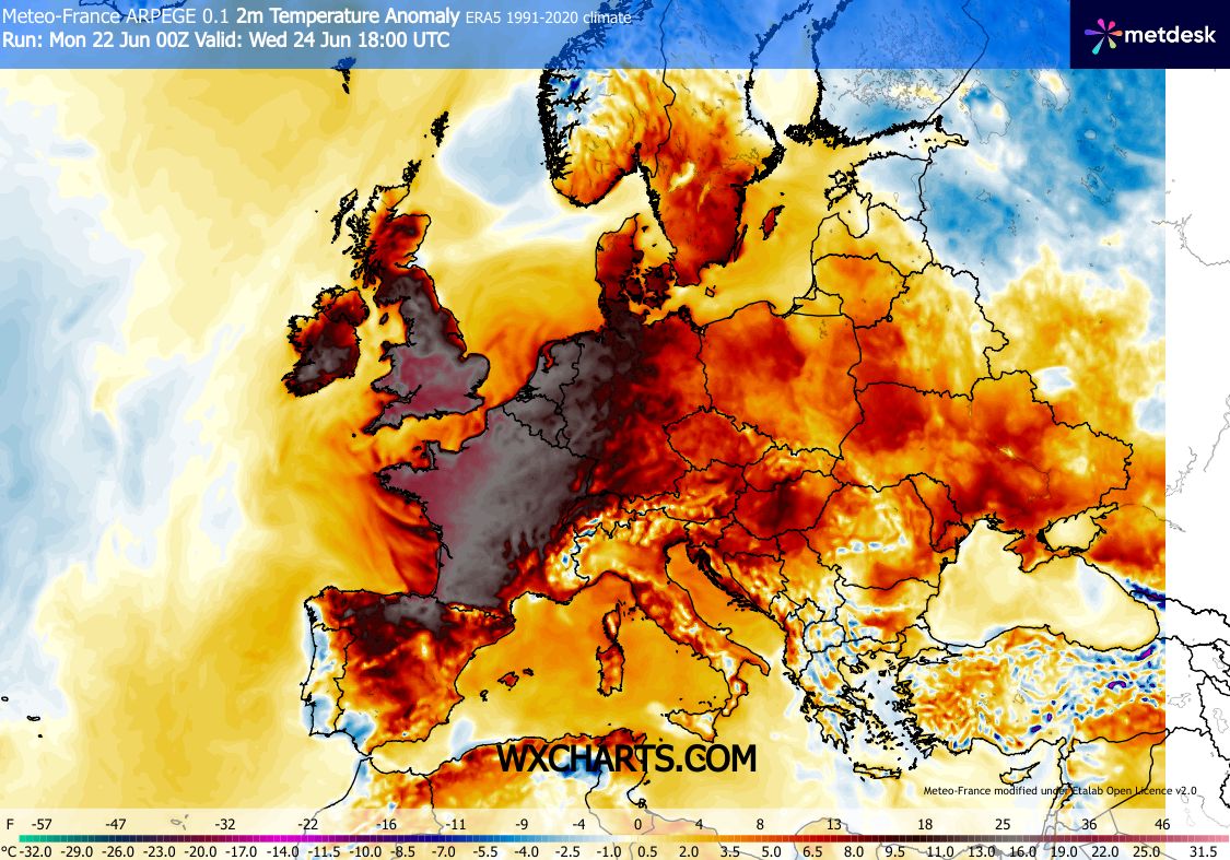 Onda de calor na Europa - Anomalias de calor surreais... Mais de 15ºC acima da média localmente!
