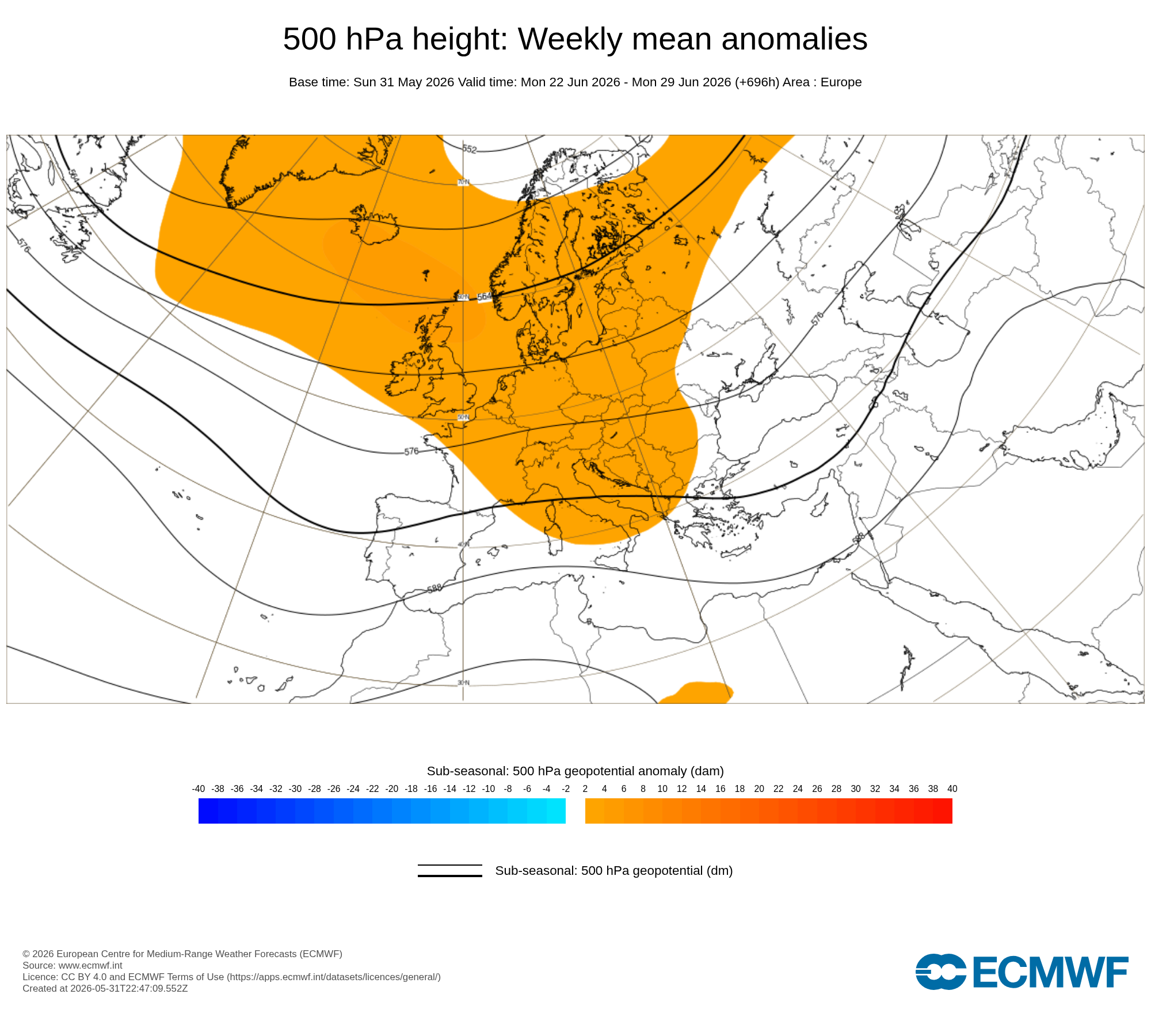 O forno irá ligar a sério, e o tempo em Junho trará calor acima do normal a Portugal, mas também variabilidade - saiba a previsão completa! Geopotencial mais elevado sobre o Reino Unido nas previsões ECMWF, típico de situações de calor intenso sobre a Europa Ocidental (última semana de junho, ECMWF)