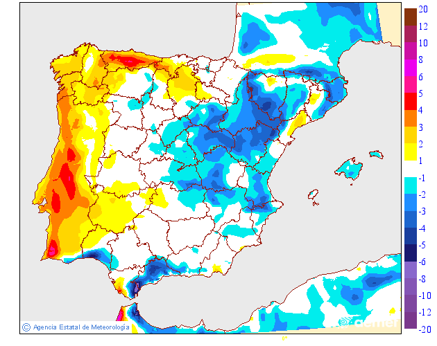 A partir do feriado de 10 de junho há mudanças drásticas no tempo - calor e trovoadas secas? - previsões do tempo 10 e 11 de junho de 2026 Variação das temperaturas para esta quarta-feira (previsão HARMONIE-AEMET)