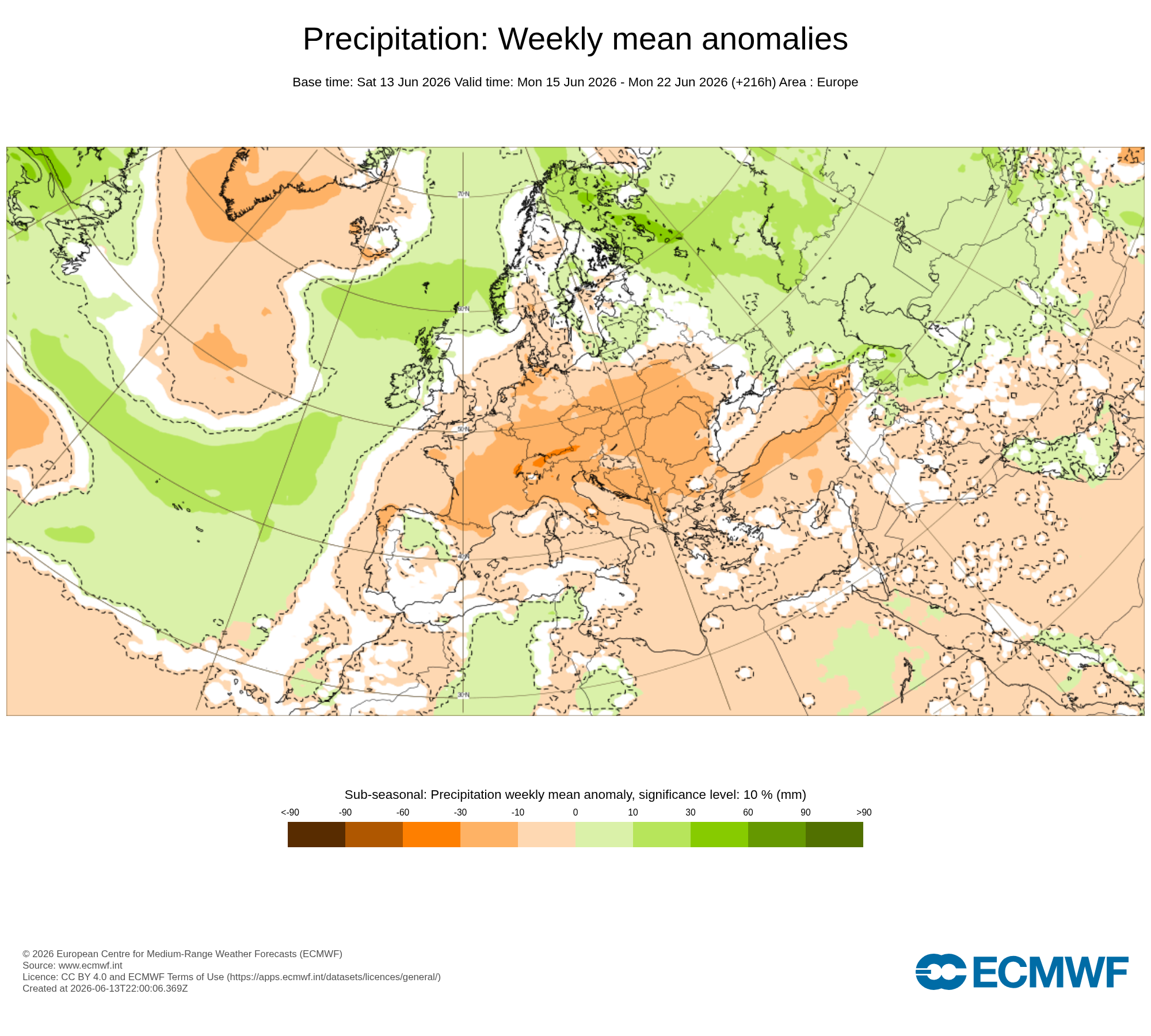 De olhos postos no que pode estar a caminho, depois de dia 20, enquanto há previsão de mais trovoadas e calor - saiba a previsão do tempo esta semana, 15 a 21 de junho de 2026 Anomalia de precipitação para esta semana - atenção à chuva nos Açores, enquanto grande parte da Europa está sob influência da alta pressão