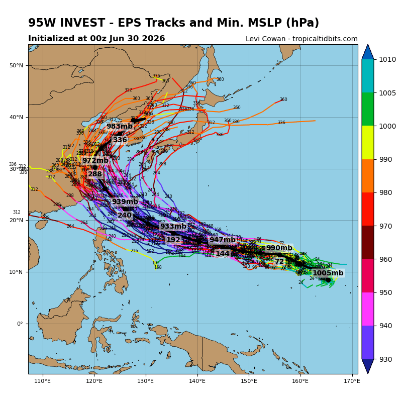 Trajetórias prováveis para a perturbação tropical "95W", futuramente "Bavi" (EPS)
