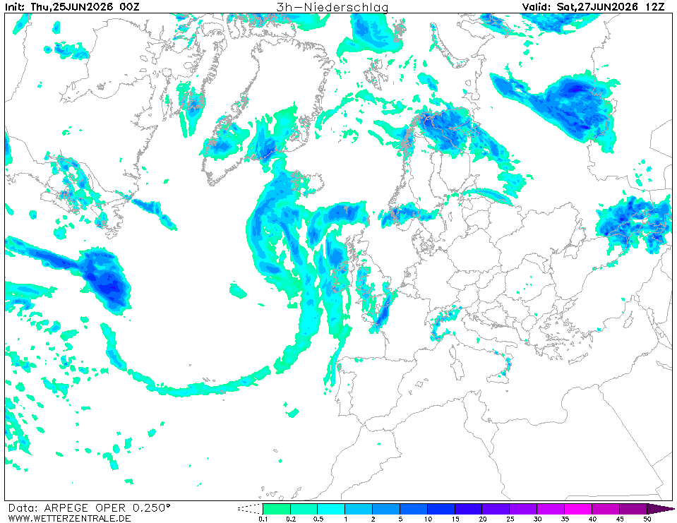 Alguma chuva prevista nas Ilhas Orientais dos Açores (previsão ARPEGE, via Wetterzentrale)