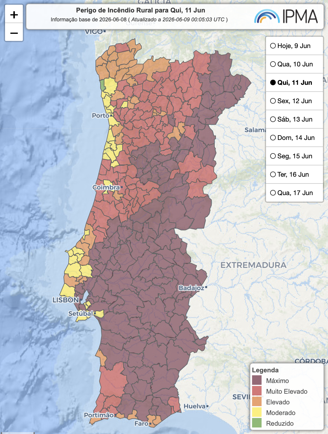 A partir do feriado de 10 de junho há mudanças drásticas no tempo - calor e trovoadas secas? - previsões do tempo 10 e 11 de junho de 2026 Risco máximo de incêndio em boa parte do país nesta quinta-feira - previsão IPMA