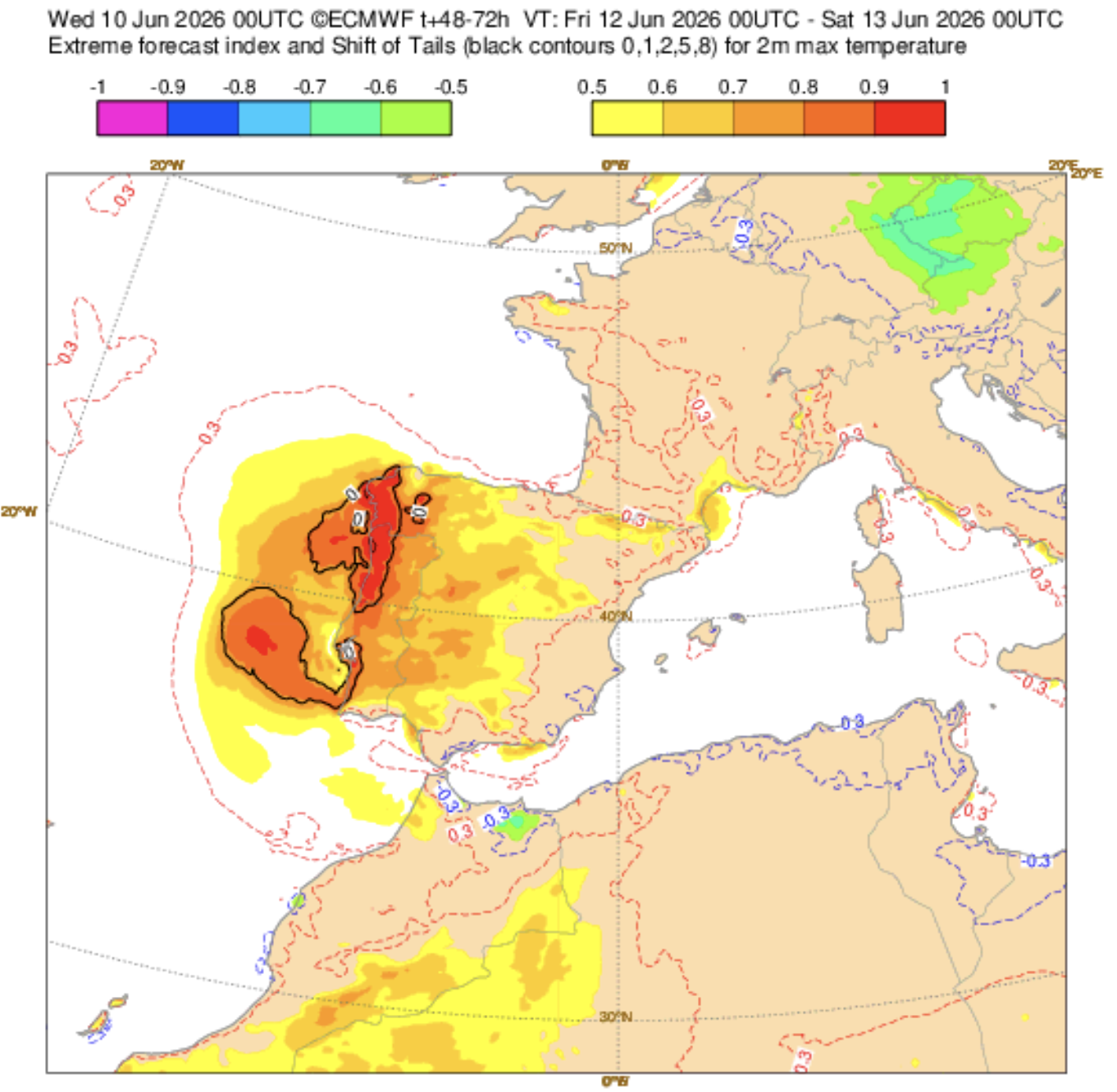 Mais de 25ºC de noite, e 40ºC até no litoral Norte - dia de calor tórrido - saiba a previsão do tempo na sexta, 12 de junho de 2026 O índice EFI do ECMWF não deixa dúvidas - calor invulgar nesta sexta-feira!