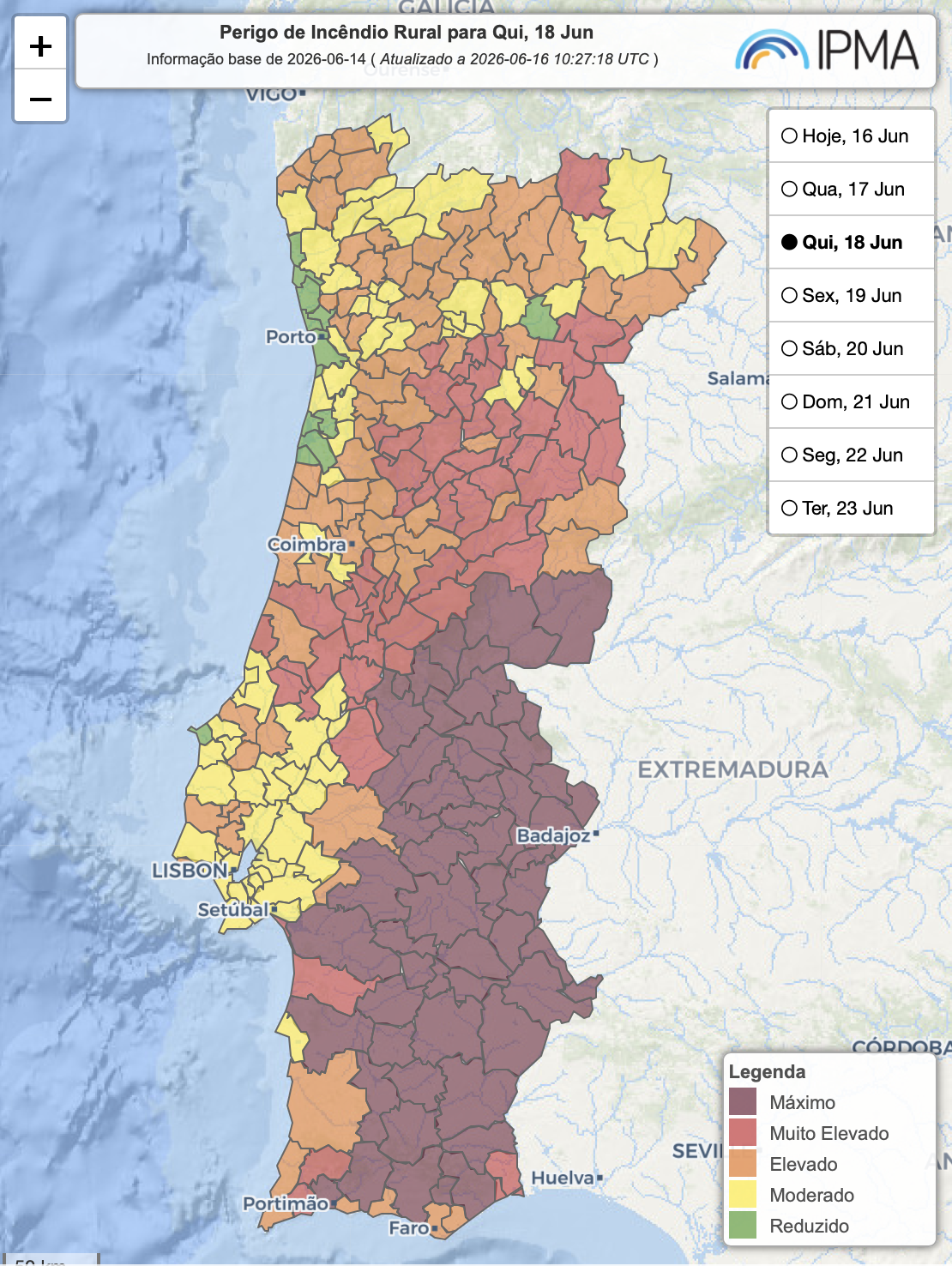 As trovoadas não dão tréguas no Interior, e podem trazer fenómenos intensos localmente - saiba a previsão do tempo na quinta, 18 de junho Risco de incêndio em níveis máximos em cerca de 50% do país, em agravamento