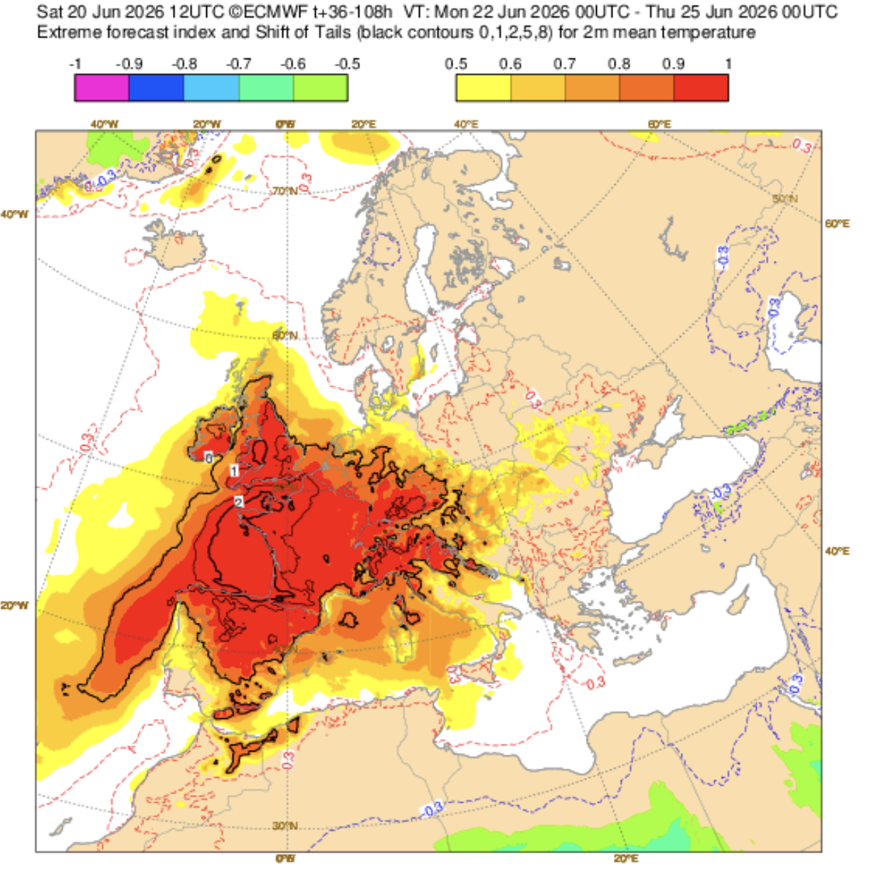 Em vez de calor... São João pode trazer mau tempo - saiba a previsão do tempo esta semana, 22 a 28 de junho Impressionante o nível de calor previsto. O índice de extremos ECMWF prevê valores recorde em diversas regiões. Há aviso vermelho de muitas entidades, incluindo Météo-France