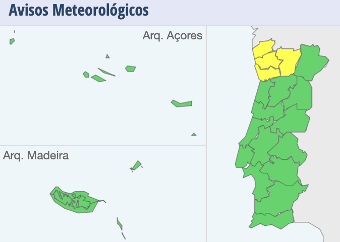 Avisos meteorológicos IPMA - 21H quarta - 03H quinta - chuva e trovoada devido à gota fria
