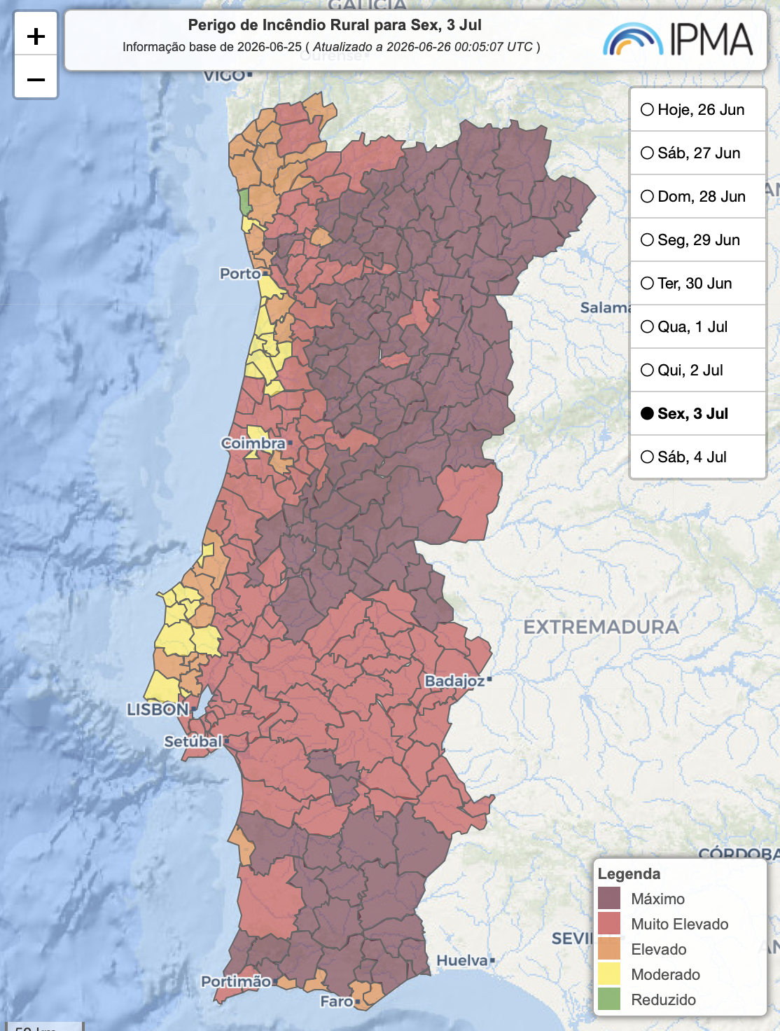 Risco de incêndio calculado pelo IPMA a 3 de julho