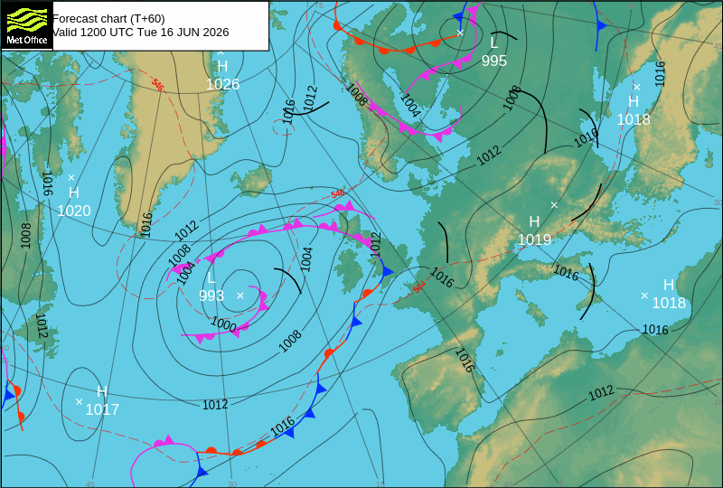 Reforço do anticiclone em direção à Europa, mas será que persistem as trovoadas? Frente fria nos Açores! Confira a previsão do tempo na terça, 16 de junho de 2026 Superfície frontal a afetar os Açores - carta MetOffice
