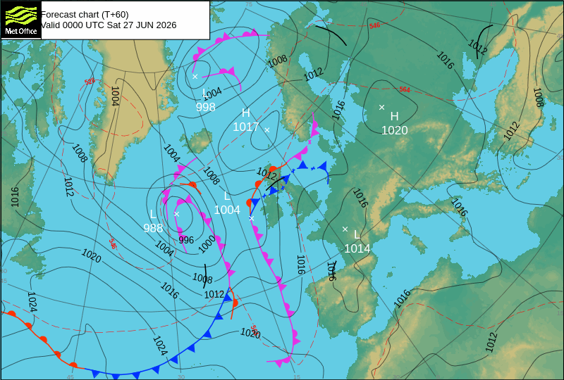 A carta de previsão da MetOffice mostra-nos que há uma frente a afetar os Açores no sábado, seguida do anticiclone...