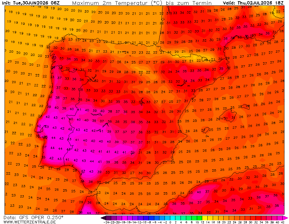 Máximas entre 43 a 45ºC nas regiões mais quentes do território (previsões GFS\wetterzentrale)