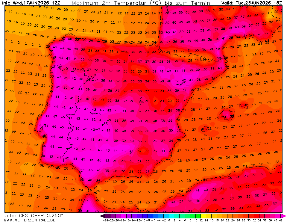 Não vão estar temperaturas de 50ºC, mas não vai andar assim tão longe. E, francamente, pouco importa! Informação meteorológica 20-25 de junho Não há temperaturas de 50ºC previstas, mas ainda há modelos que mostram algo acima dos 45ºC