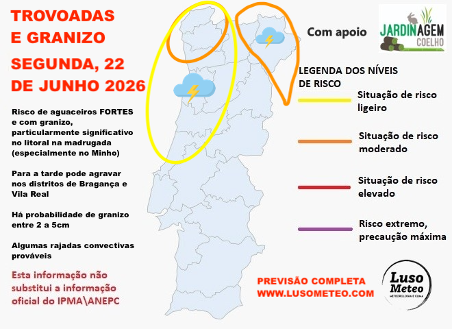 Instabilidade atmosférica a partir da madrugada desta segunda, risco de granizo (grande), trovoadas e aguaceiros intensos - saiba onde Trovoadas na segunda - mapa de risco meteorologico Luso Meteo