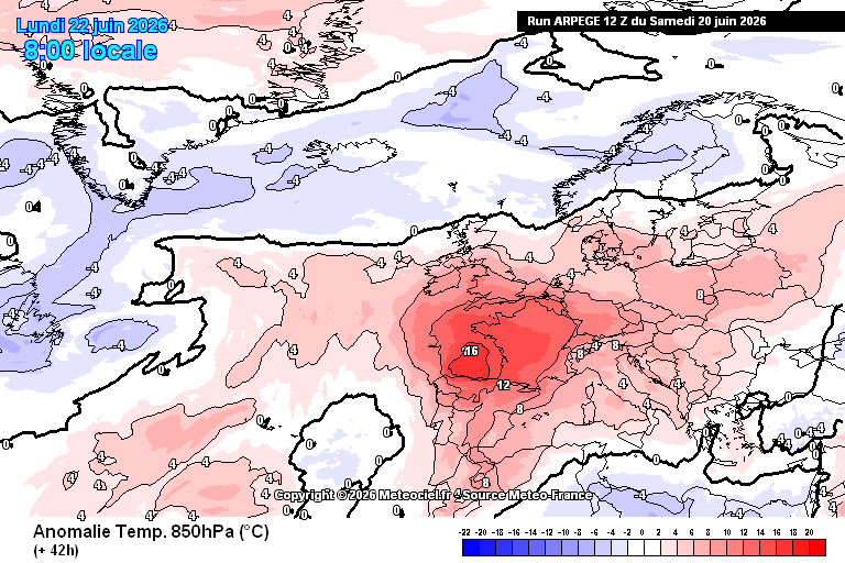 Mudança nas previsões - as temperaturas vão descer, pode até chover - saiba a previsão do tempo na segunda, 22 de junho de 2026 Muito calor no Interior, e especialmente sobre França... Massa de ar mais fresca no Atlântico, que afeta o litoral e ameniza o Interior