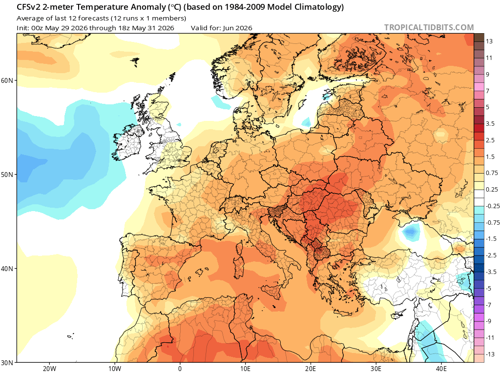 O forno irá ligar a sério, e o tempo em Junho trará calor acima do normal a Portugal, mas também variabilidade - saiba a previsão completa! Anomalia de temperaturas previstas pelo modelo CFSv2 para junho