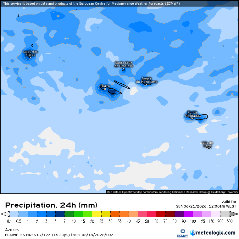 Precipitação acumulada sábado-domingo, Açores e Madeira - previsão ECMWF